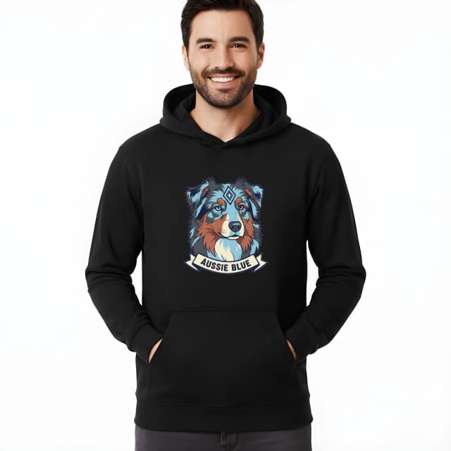 Mikina Aussie Blue Moderný Geometrický Portrét Austrálskeho Ovčiaka V Modrých Tónoch
